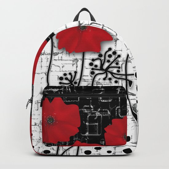 Applique Poppies on black and white background . Backpack