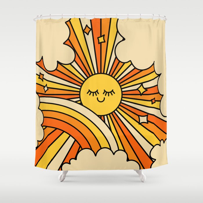 The Happiest Sun Retro Groovy 70s Orange Yellow Shower Curtain