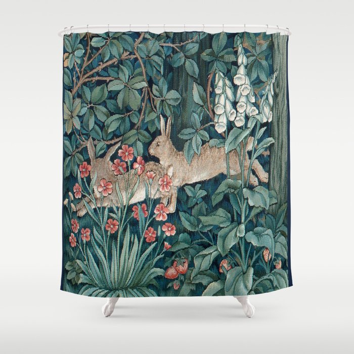 William Morris Forest Rabbits and Foxglove Greenery Shower Curtain