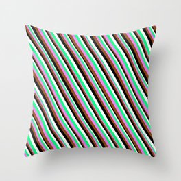 [ Thumbnail: Colorful Green, Violet, Brown, Black & White Colored Stripes Pattern Throw Pillow ]
