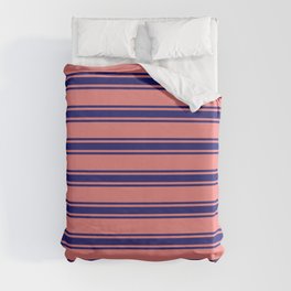 [ Thumbnail: Light Coral and Midnight Blue Colored Striped/Lined Pattern Duvet Cover ]