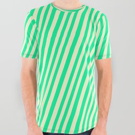 [ Thumbnail: Light Yellow and Green Colored Lined/Striped Pattern All Over Graphic Tee ]