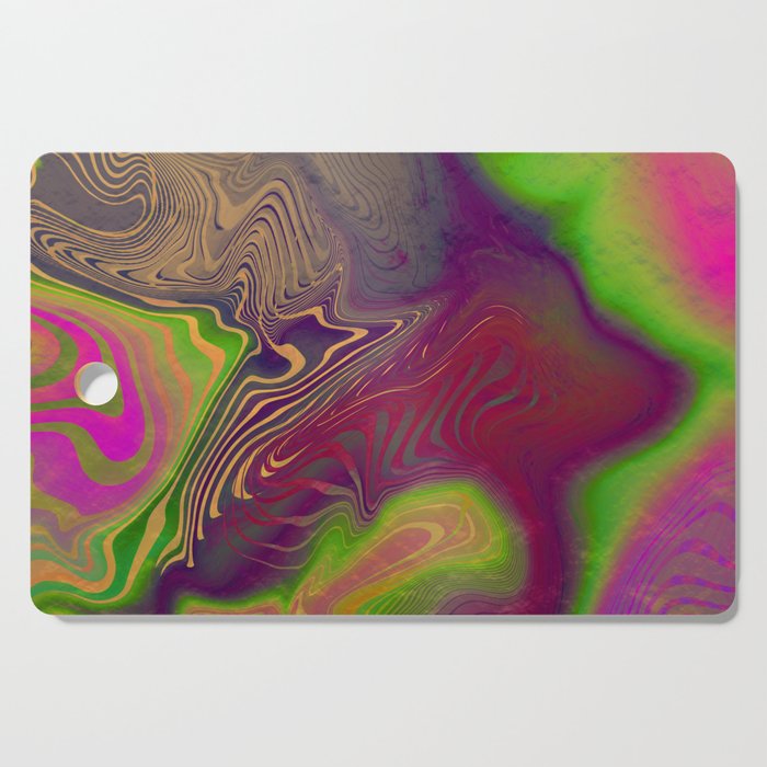 Multicolored neon psychedelic abstract digital art with distorted lines and metallic texture.  Cutting Board