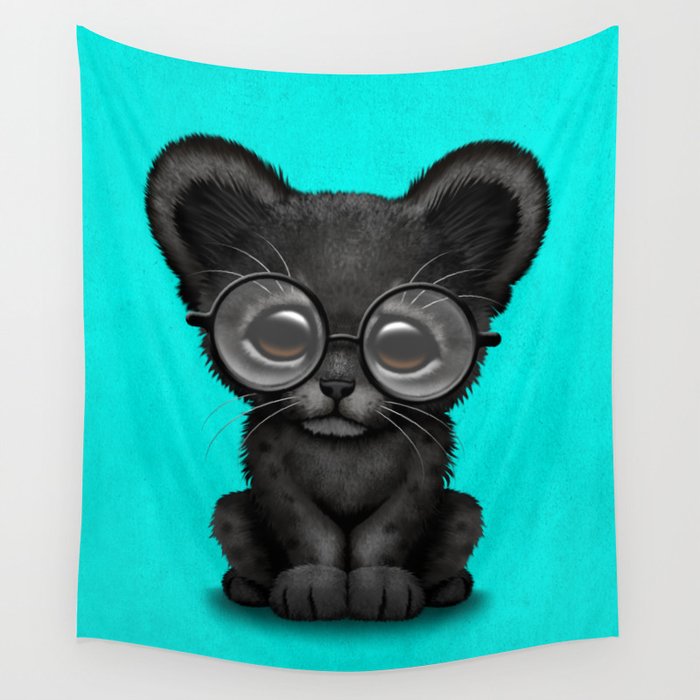 Cute Baby Black Panther Cub Wearing Glasses On Blue Wall Tapestry