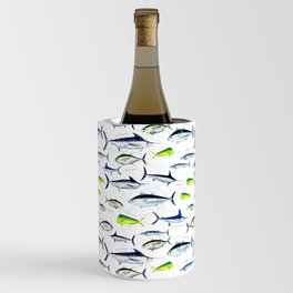 Tuna, Marlin, Wahoo, Swordfish, Mahi-Mahi Hand Illustrated Sport Fish Pattern; Desaturated Color, Ocean Chart Wine Chiller
