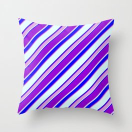 [ Thumbnail: Dark Violet, Plum, Light Cyan & Blue Colored Lined/Striped Pattern Throw Pillow ]