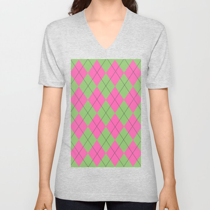 Geometric Argyle Triangle Neon Pink Pattern V Neck T Shirt