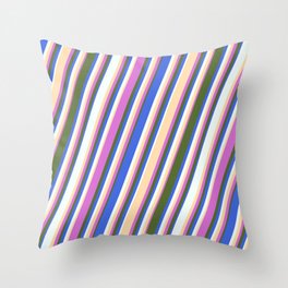 [ Thumbnail: Orchid, Dark Olive Green, Royal Blue, Mint Cream, and Tan Colored Stripes Pattern Throw Pillow ]