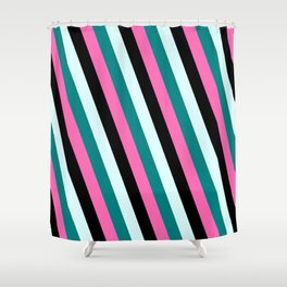 [ Thumbnail: Light Cyan, Teal, Hot Pink, and Black Colored Stripes/Lines Pattern Shower Curtain ]