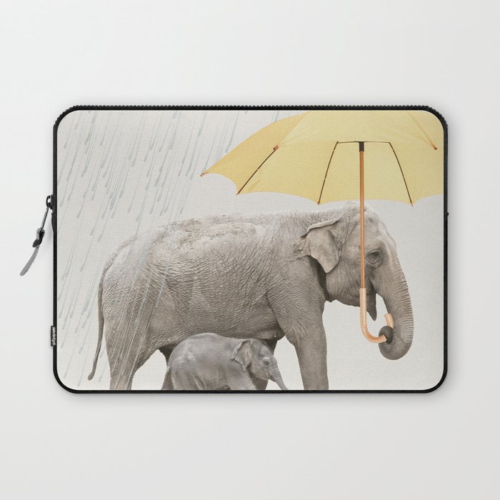 Elephant family mother and baby with yellow umbrella Laptop Sleeve