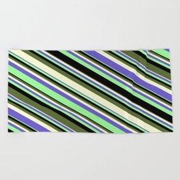 [ Thumbnail: Eye-catching Green, Black, Dark Olive Green, Light Yellow, and Slate Blue Colored Stripes Pattern Beach Towel ]