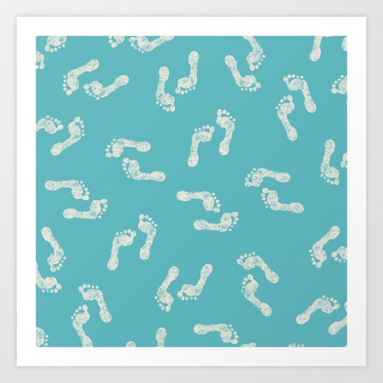 Beach Series Aqua - White footprints on turquoise background on #Society6 Art Print