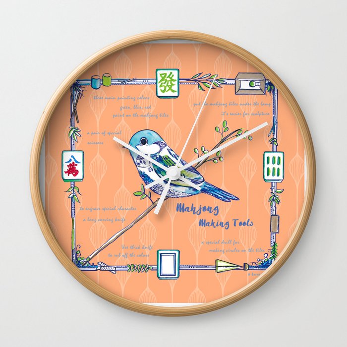 Sparrow Mahjong in Orange Wall Clock