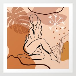Sensual sitting woman line art, Abstract monstera leaf illustration, Organic floral background Art Print