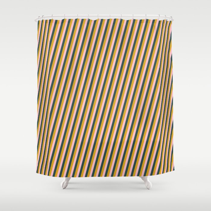 Goldenrod, Pink & Dark Slate Gray Colored Striped Pattern Shower Curtain