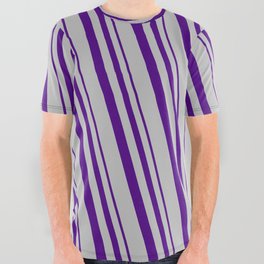 [ Thumbnail: Indigo and Grey Colored Pattern of Stripes All Over Graphic Tee ]