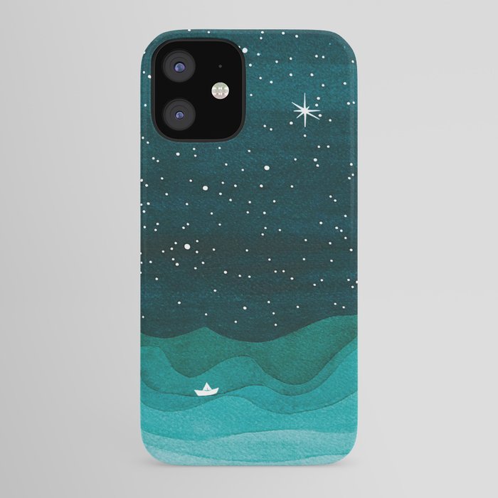 Starry Ocean, teal sailboat watercolor sea waves night iPhone Case