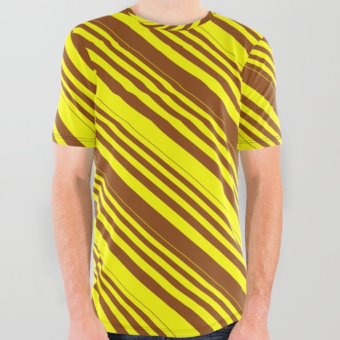 Yellow & Brown Colored Stripes/Lines Pattern All Over Graphic Tee