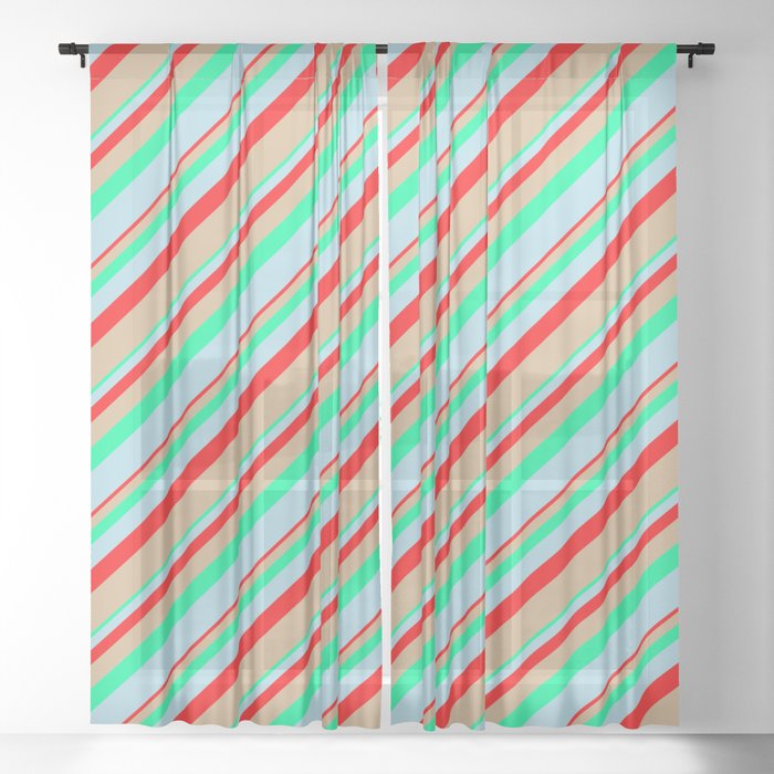 Red, Tan, Green, and Light Blue Colored Lines Pattern Sheer Curtain
