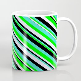 [ Thumbnail: Turquoise, Lime, Lavender, and Black Colored Stripes/Lines Pattern Coffee Mug ]
