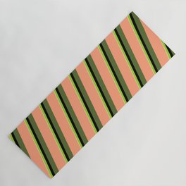 [ Thumbnail: Colorful Pale Goldenrod, Green, Black, Dark Olive Green & Light Salmon Colored Lined/Striped Pattern Yoga Mat ]