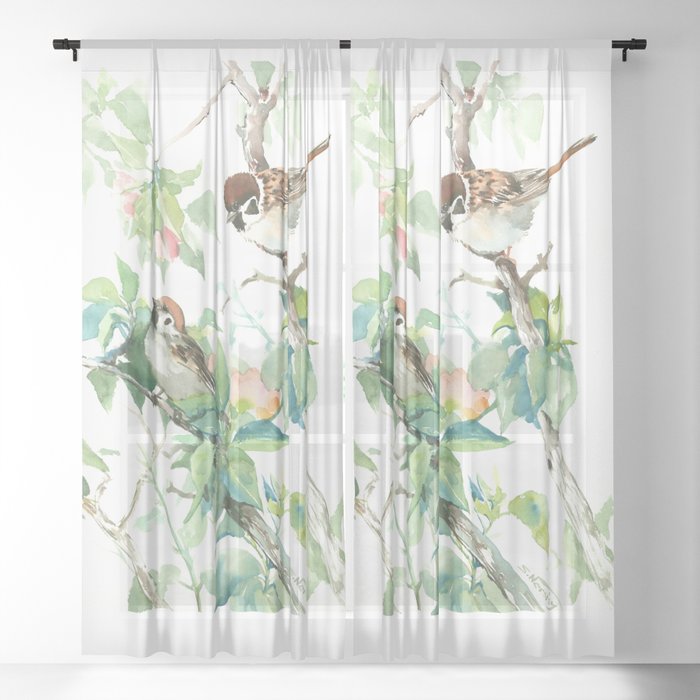 Sparrows And Apple Blossom Bird Art Sage Teal Green Vintage