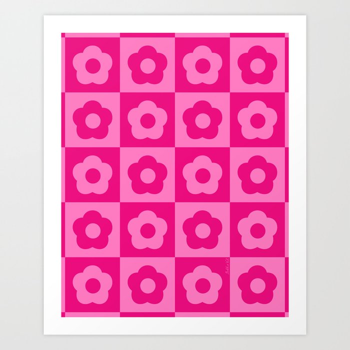 Hot Pink Checkered Floral Art Print