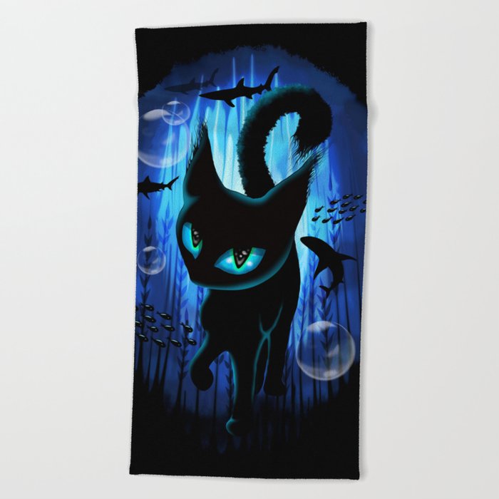 Aquaticat - Black Cat in Deep Ocean Fantasy Scenery Surreal Art  Beach Towel