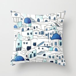Santorini, Greece Watercolor Painting Throw Pillow