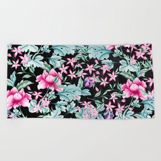 Floral Pattern 1 Black Beach Towel