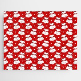 White Cute Owl Seamless Pattern on Red Background Jigsaw Puzzle