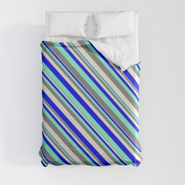 [ Thumbnail: Aquamarine, Grey, Beige & Blue Colored Pattern of Stripes Duvet Cover ]