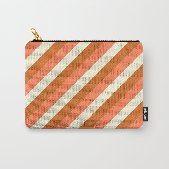 Beige, Chocolate, and Coral Colored Stripes Pattern Carry-All Pouch