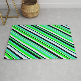 [ Thumbnail: Turquoise, Lime, Lavender, and Black Colored Stripes/Lines Pattern Rug ]