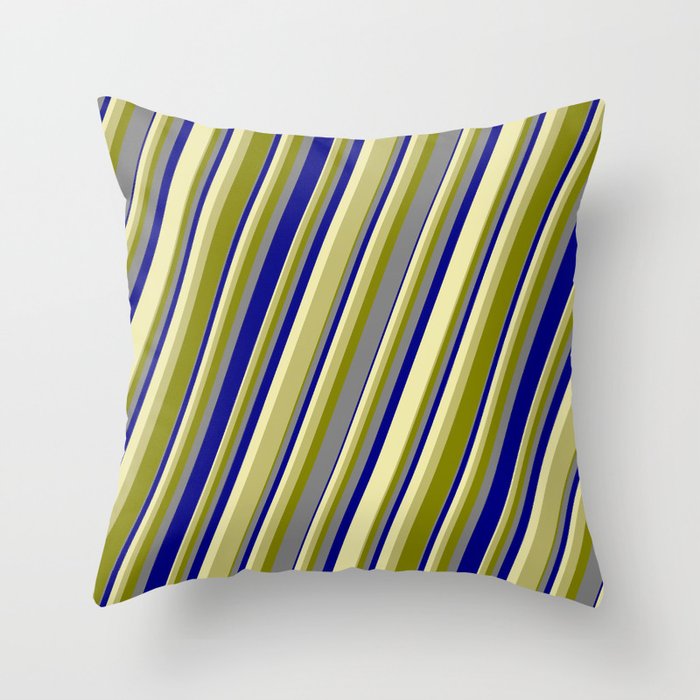Colorful Pale Goldenrod, Dark Khaki, Green, Grey & Blue Colored Lines/Stripes Pattern Throw Pillow