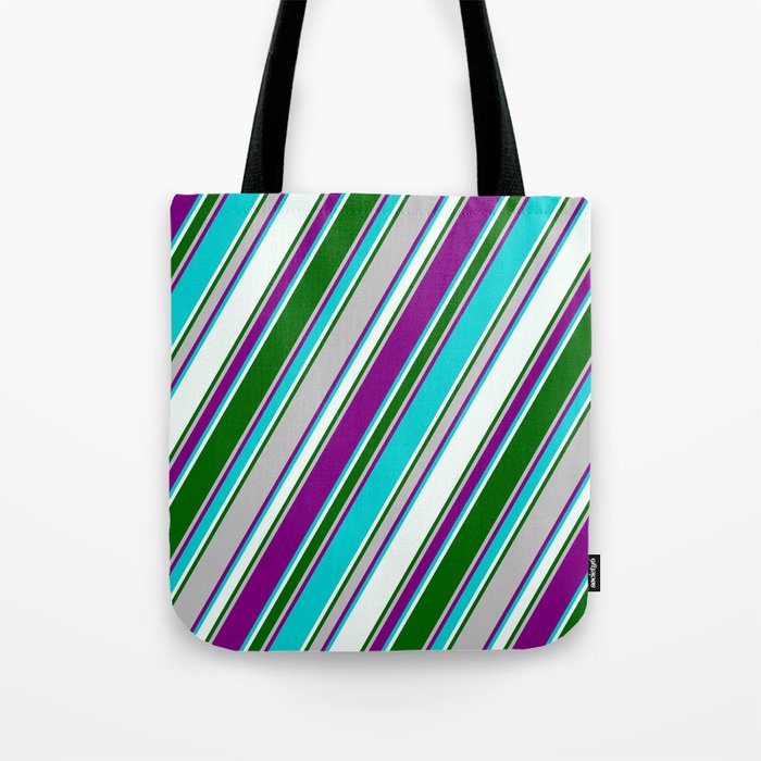 Colorful Grey, Purple, Dark Turquoise, Mint Cream & Dark Green Colored Pattern of Stripes Tote Bag