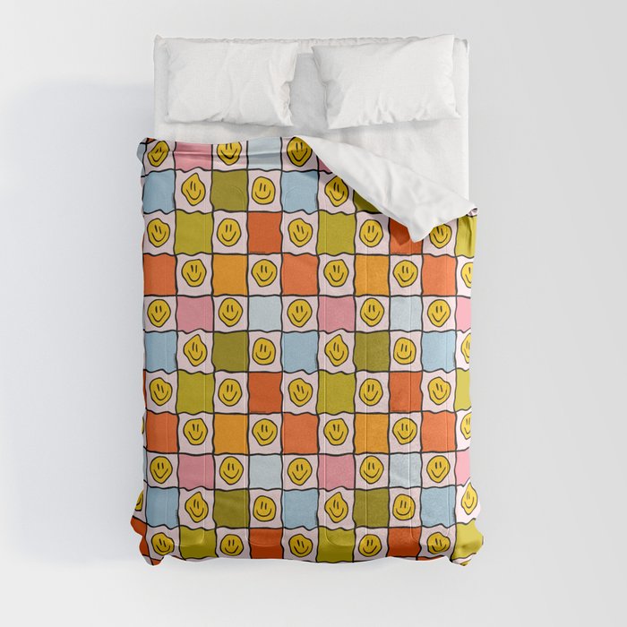 Rainbow Happy Face Checkered Print Comforter