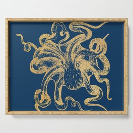 Gold octopus on deep blue background Serving Tray