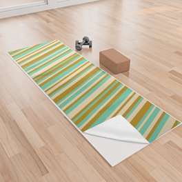 [ Thumbnail: Tan, Aquamarine & Dark Goldenrod Colored Striped/Lined Pattern Yoga Towel ]