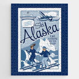 Vintage Style Ski Alaska Travel Poster // Skiing Adventure // Man and Woman Skiers // Navy, Slate, Blue, White Jigsaw Puzzle