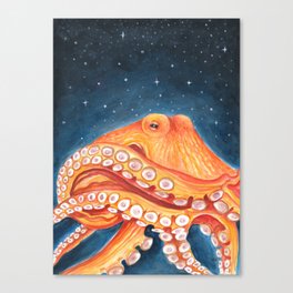 Red Octopus Tentacles Galaxy Stars Kraken Cephalopod Watercolor Art Canvas Print