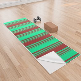 [ Thumbnail: Green & Brown Colored Striped/Lined Pattern Yoga Towel ]