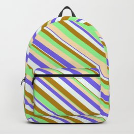 [ Thumbnail: Eye-catching Dark Goldenrod, Green, Beige, Medium Slate Blue, and Mint Cream Colored Stripes Pattern Backpack ]