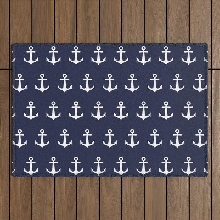 Nautical Navy Blue and White Anchors Outdoor Rug