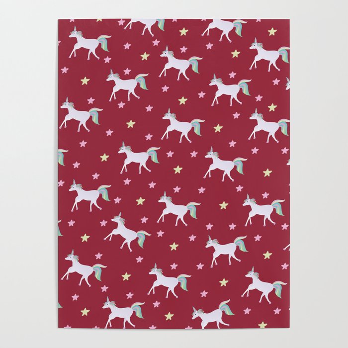 Cute Unicorn Print On Red Background Pattern Poster