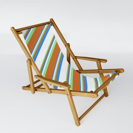 [ Thumbnail: Blue, White, Light Green, and Chocolate Colored Lined Pattern Sling Chair ]
