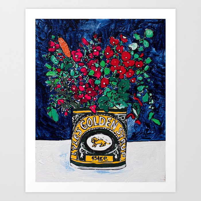 Wild Flowers in Golden Syrup Tin on Blue Art Print