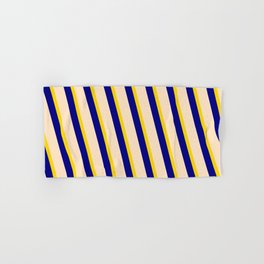 [ Thumbnail: Yellow, Blue, and Bisque Colored Stripes Pattern Hand & Bath Towel ]