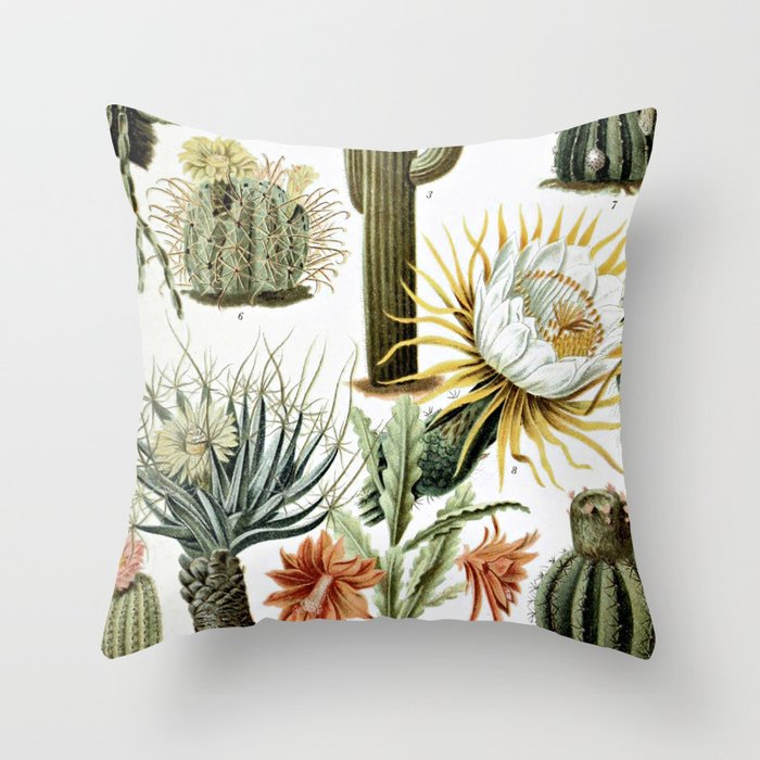 Green and White Cactus Vintage Botanical Illustration Throw Pillow