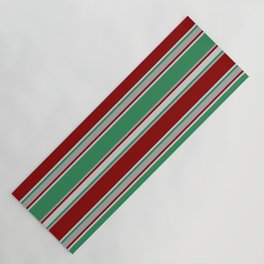[ Thumbnail: Sea Green, Dark Grey, Dark Red, and Light Grey Colored Lined/Striped Pattern Yoga Mat ]